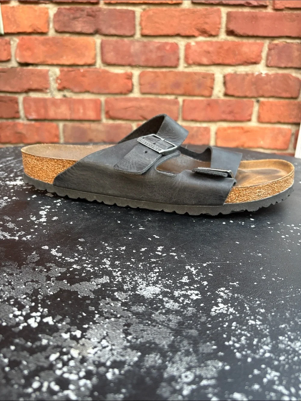 Men’s Arizona Birkenstock Black Suede Two-Strap Sandal. Size 46 / US 13-13.5